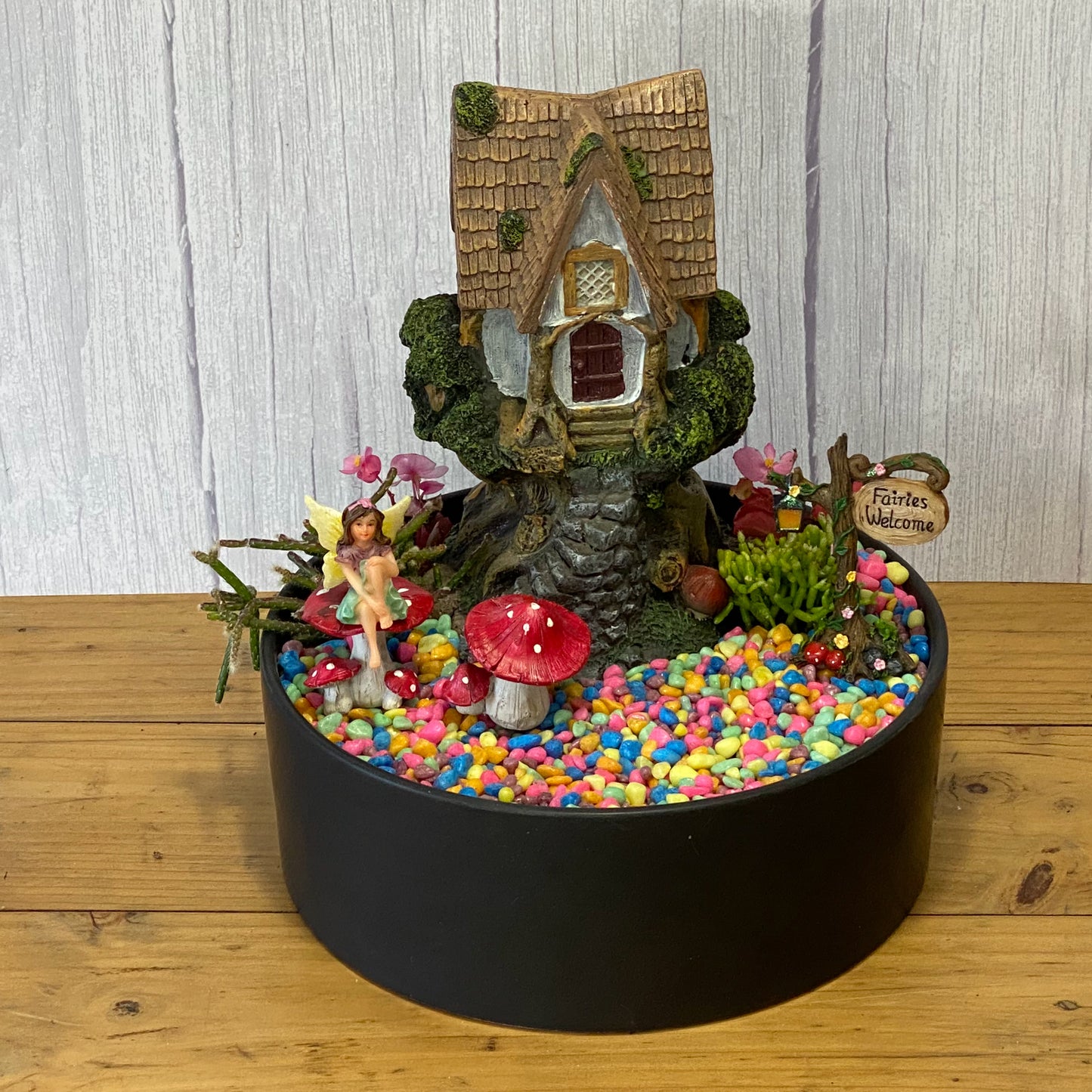Fairy Garden with rainbow coloured fairy garden pebbles