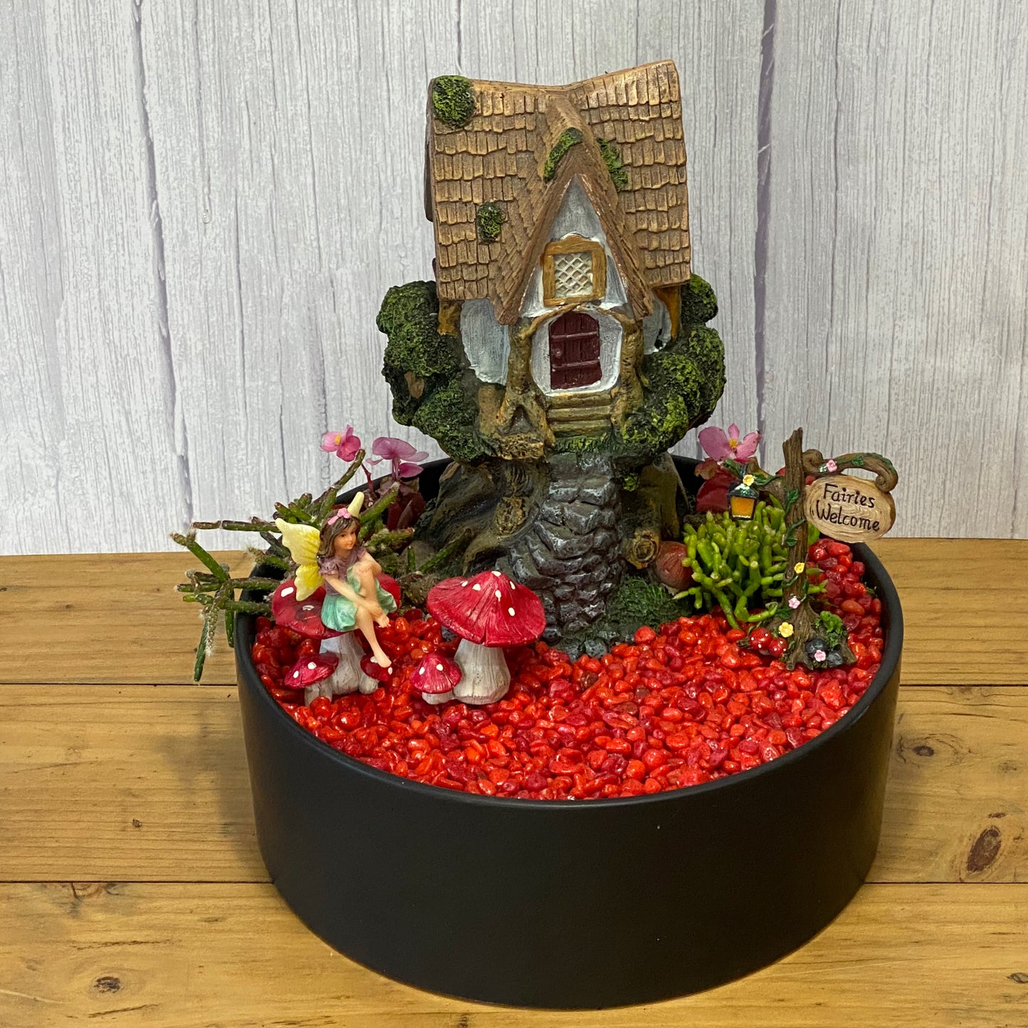 Fairy Garden with blood red coloured fairy garden pebbles
