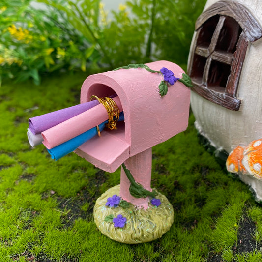 Hand painted fairy garden mail box decoration painted pink with decorative fairy mail