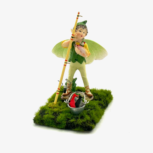 Fairy Garden Elf with Fishing Pole and bucket of fish for a fairy garden decoration