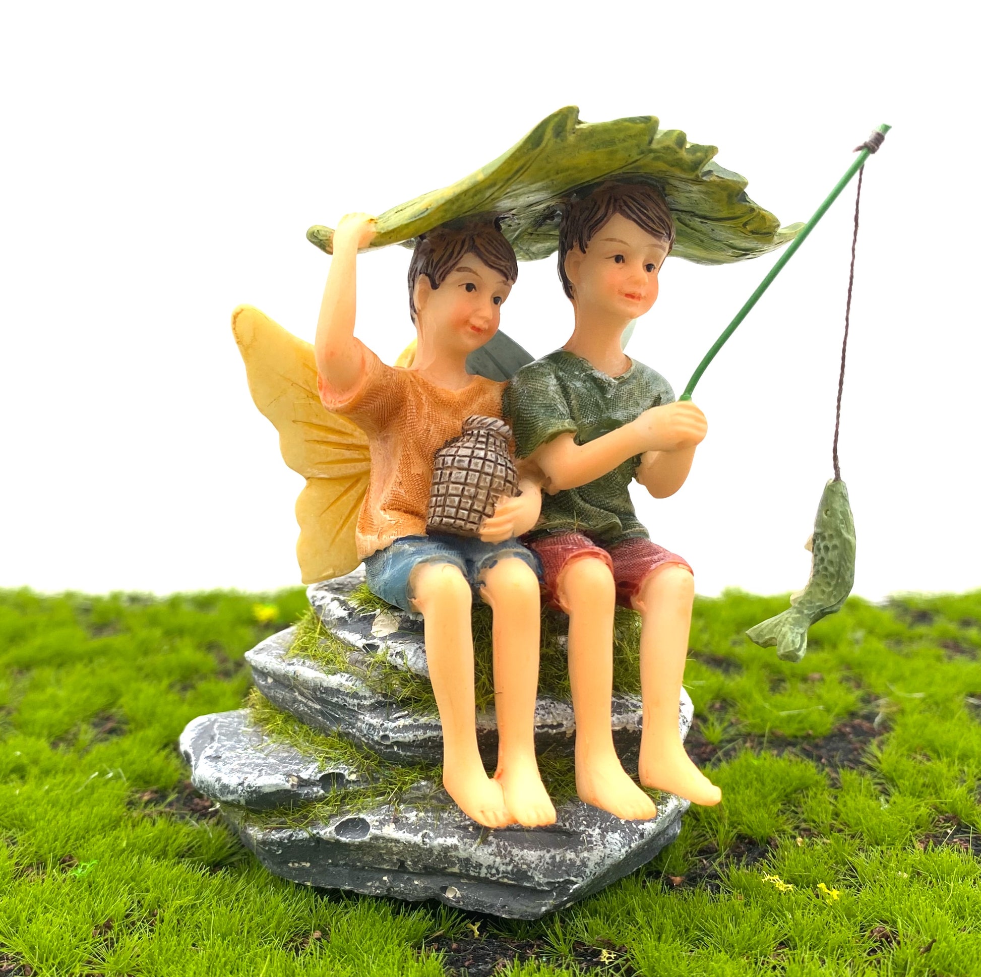 Fishing Boy Fairies (On A Log Or A Rock), Australian Fairy Garden, Fairies