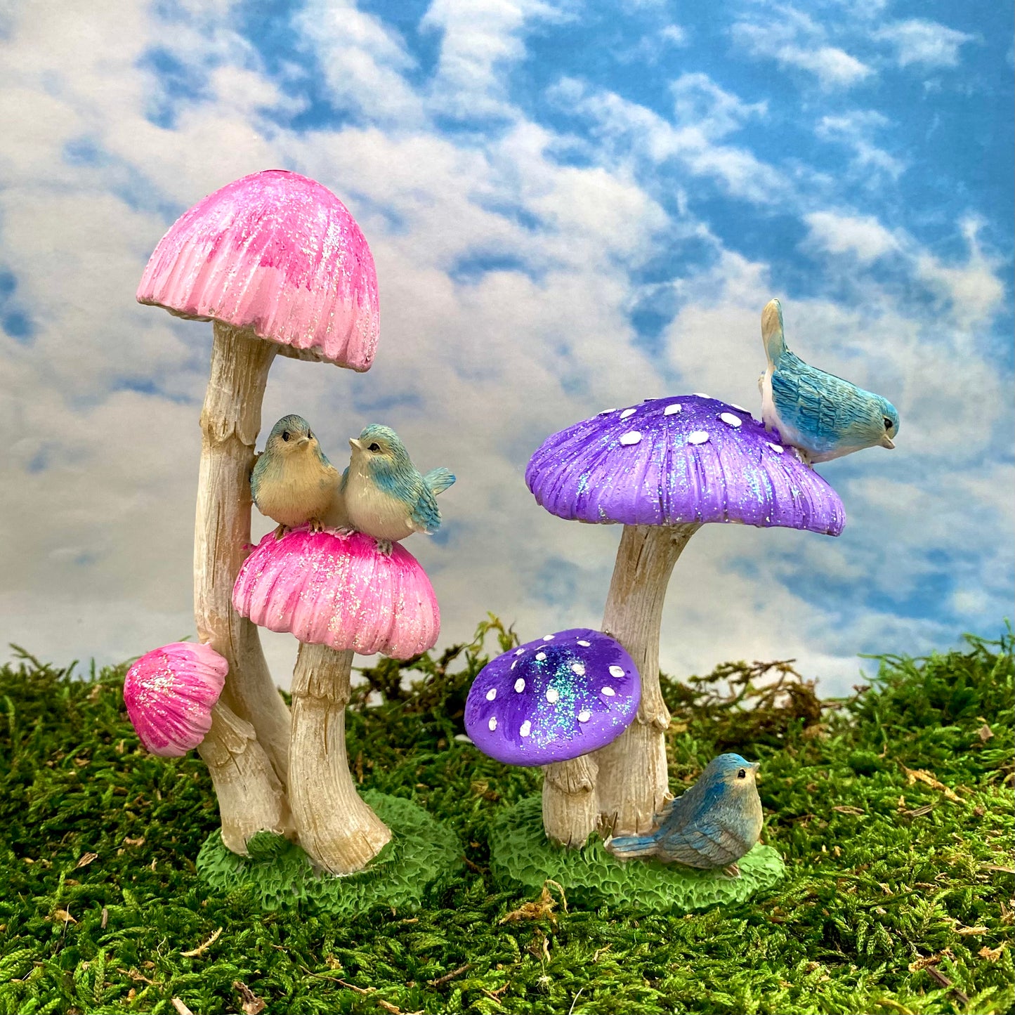 Pink And Purple Mushrooms With Blue Birds, Australian Fairy Gardens, Mushrooms