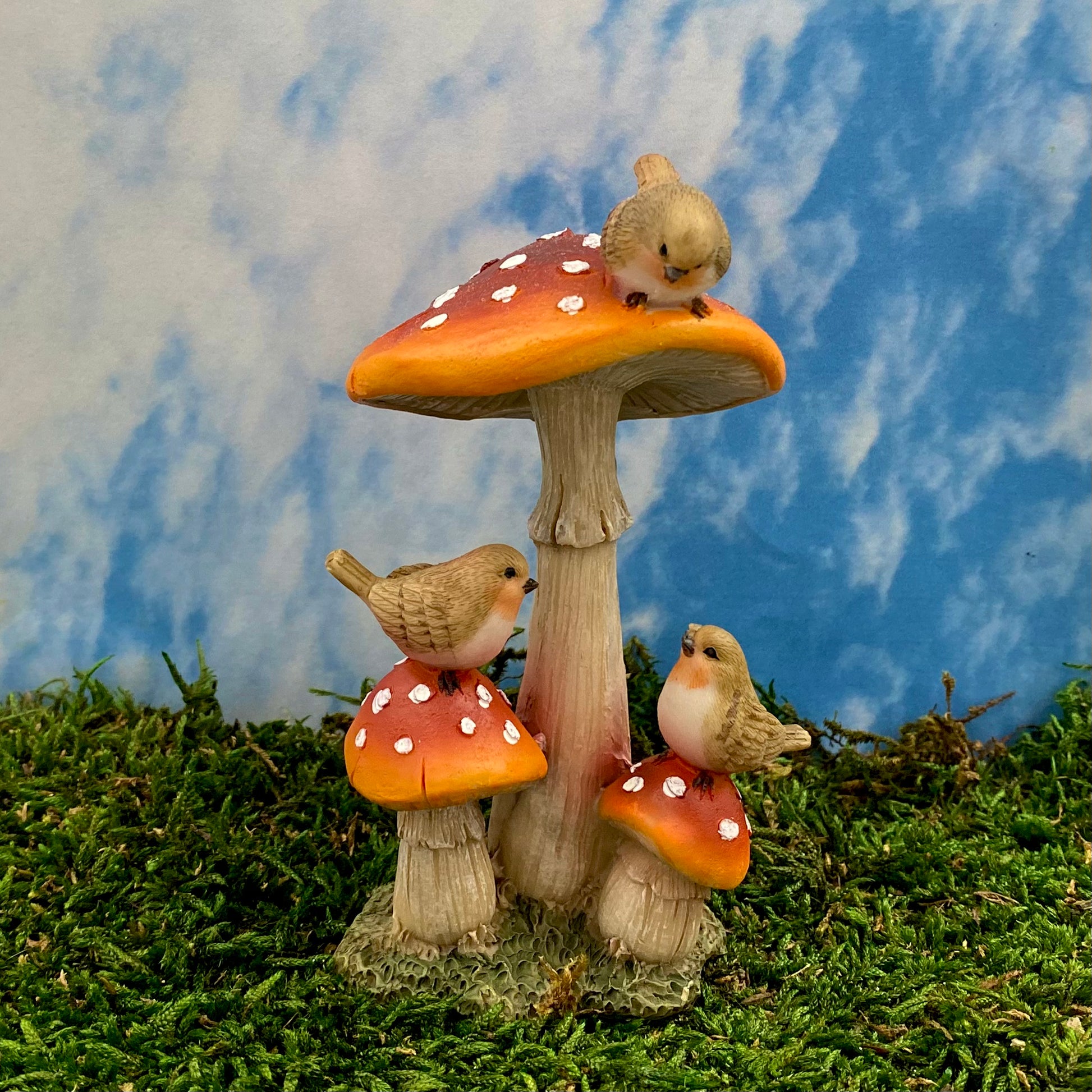 Triple Mushroom With Red Robbin, Australian Fairy Gardens, Mushrooms