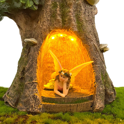 Fairy Garden solar Powered Dryad Tree house Reading A Book