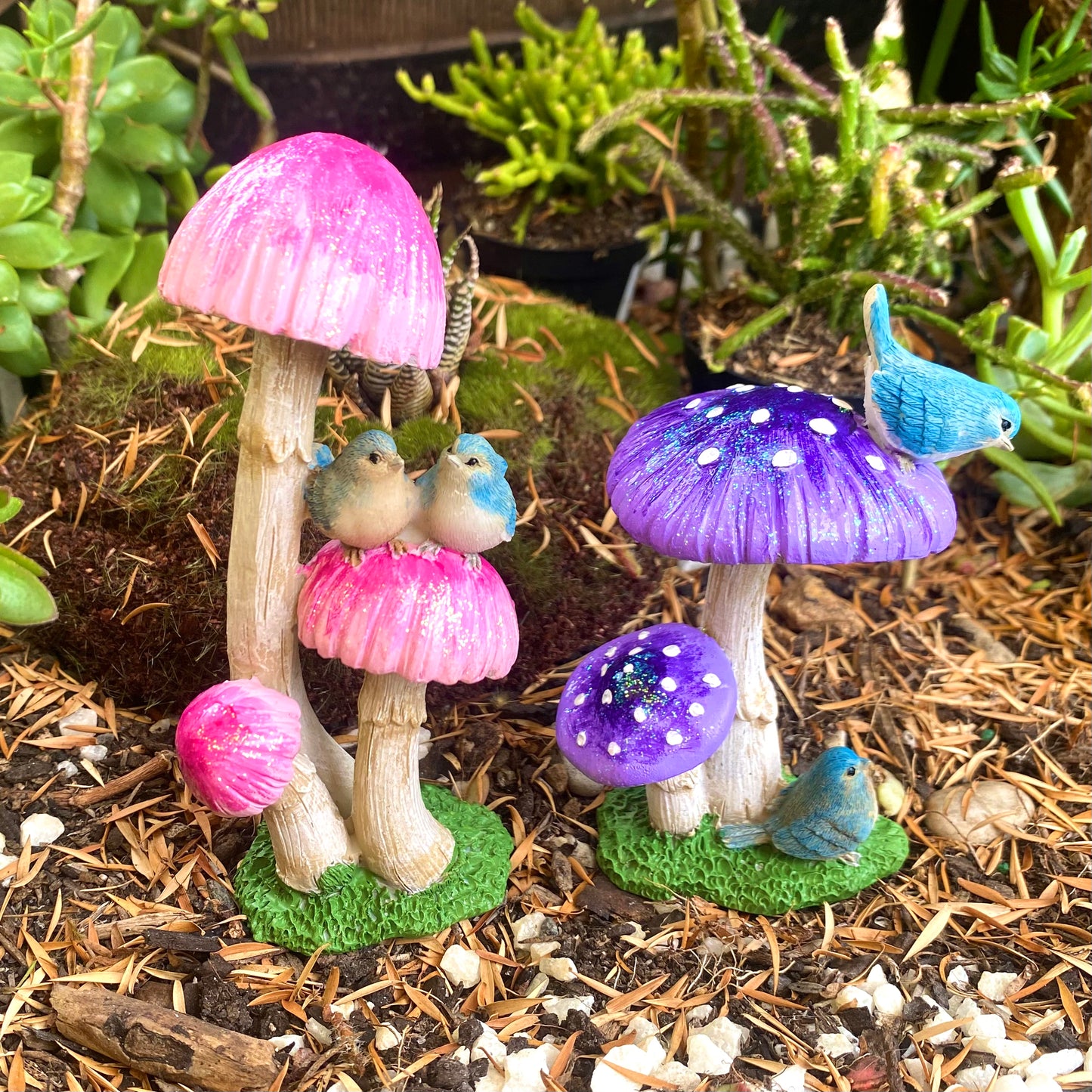Pink And Purple Mushrooms With Blue Birds